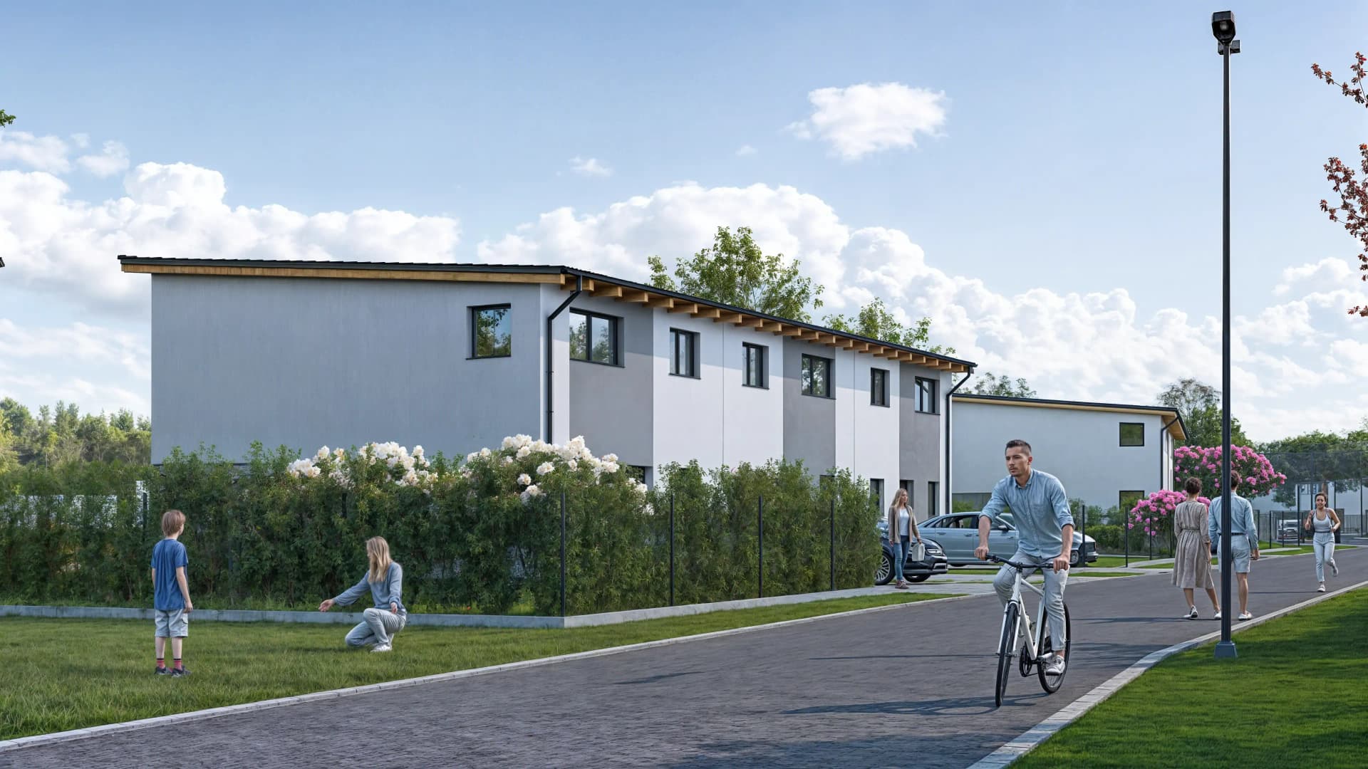 Vizualizace trojdomu s ulicí a cyklistou